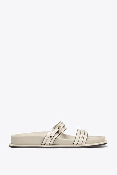 FLAT SANDALS WITH BUCKLE - Ecru White by Zara