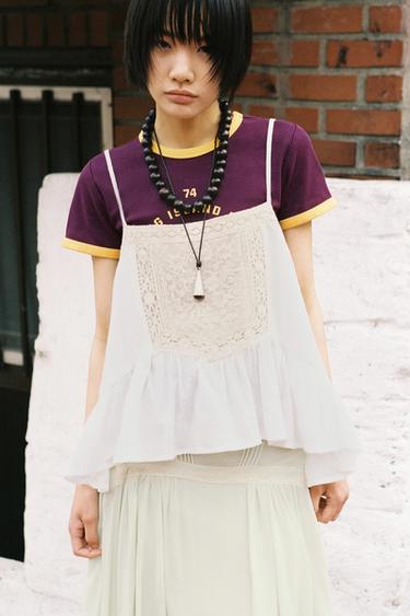 자수 거즈 스트랩 탑 - Zara 크림