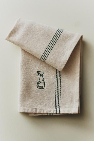 COTTON TEA TOWEL WITH CLEANING EMBROIDERY - Green by Zara