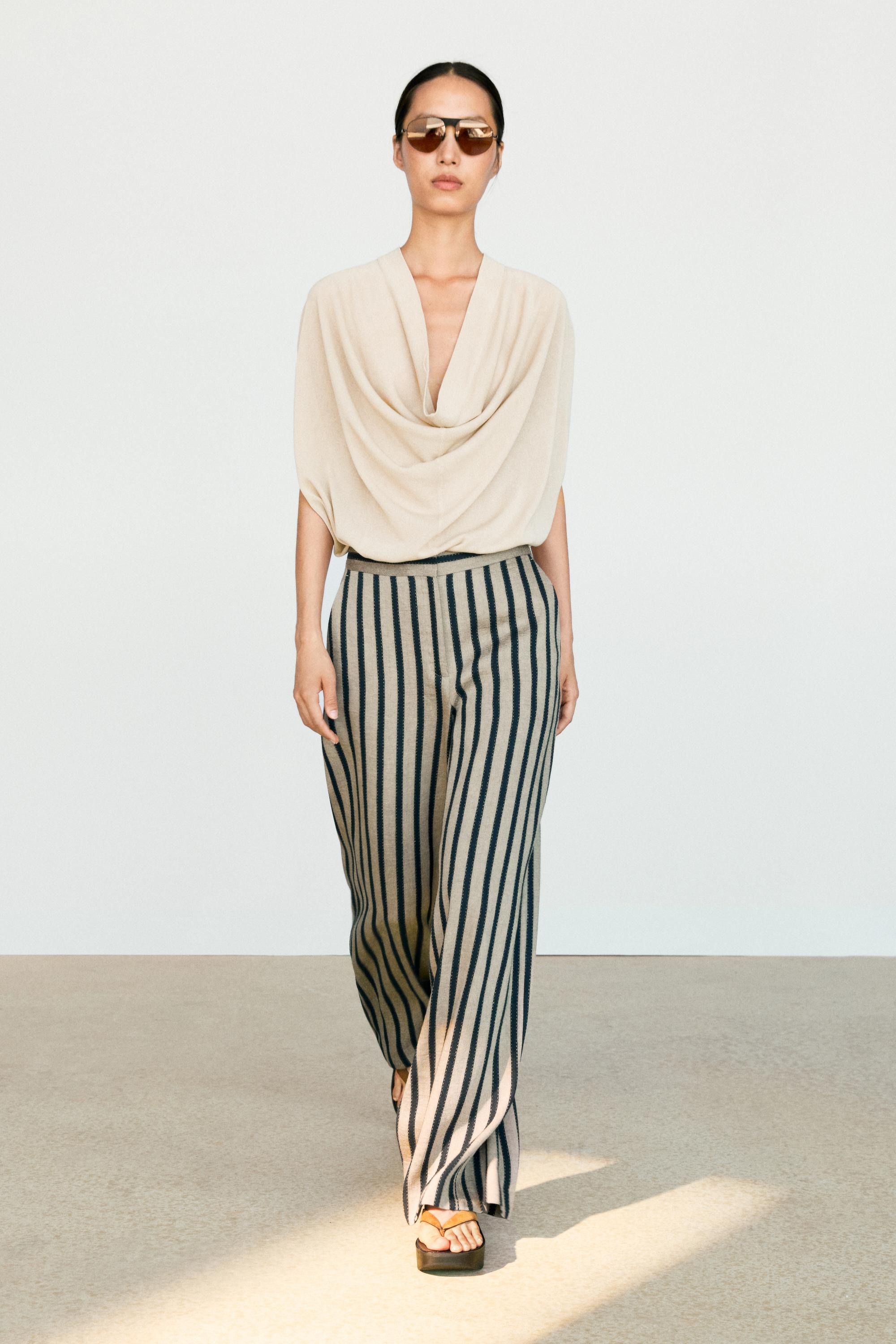 Striped linen blend wide-leg trousers — Sand