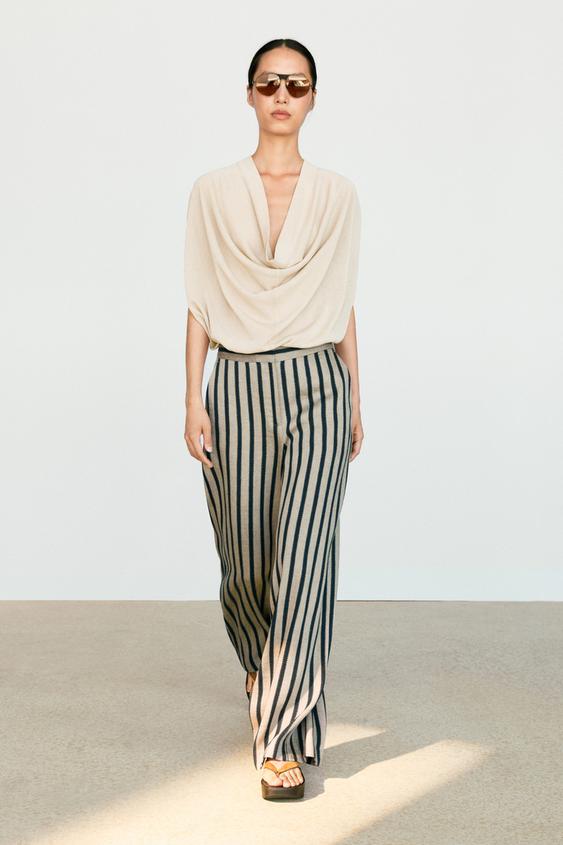 Pantalón ancho rayas mezcla lino - Arena de Zara - Imagen 0