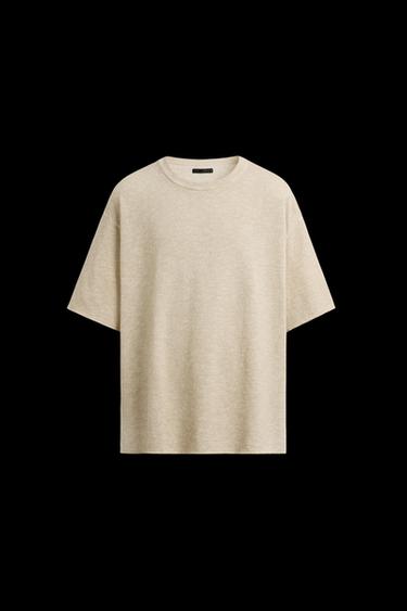 Zara TEXTURED PRINT KNIT T-SHIRT - Ecru - Image 0