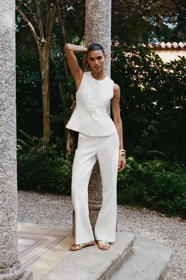 Zara HIGH-WAISTED STRAIGHT LEG PANTS - Ecru