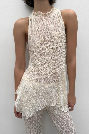 Zara GATHERED LACE TOP - Ecru