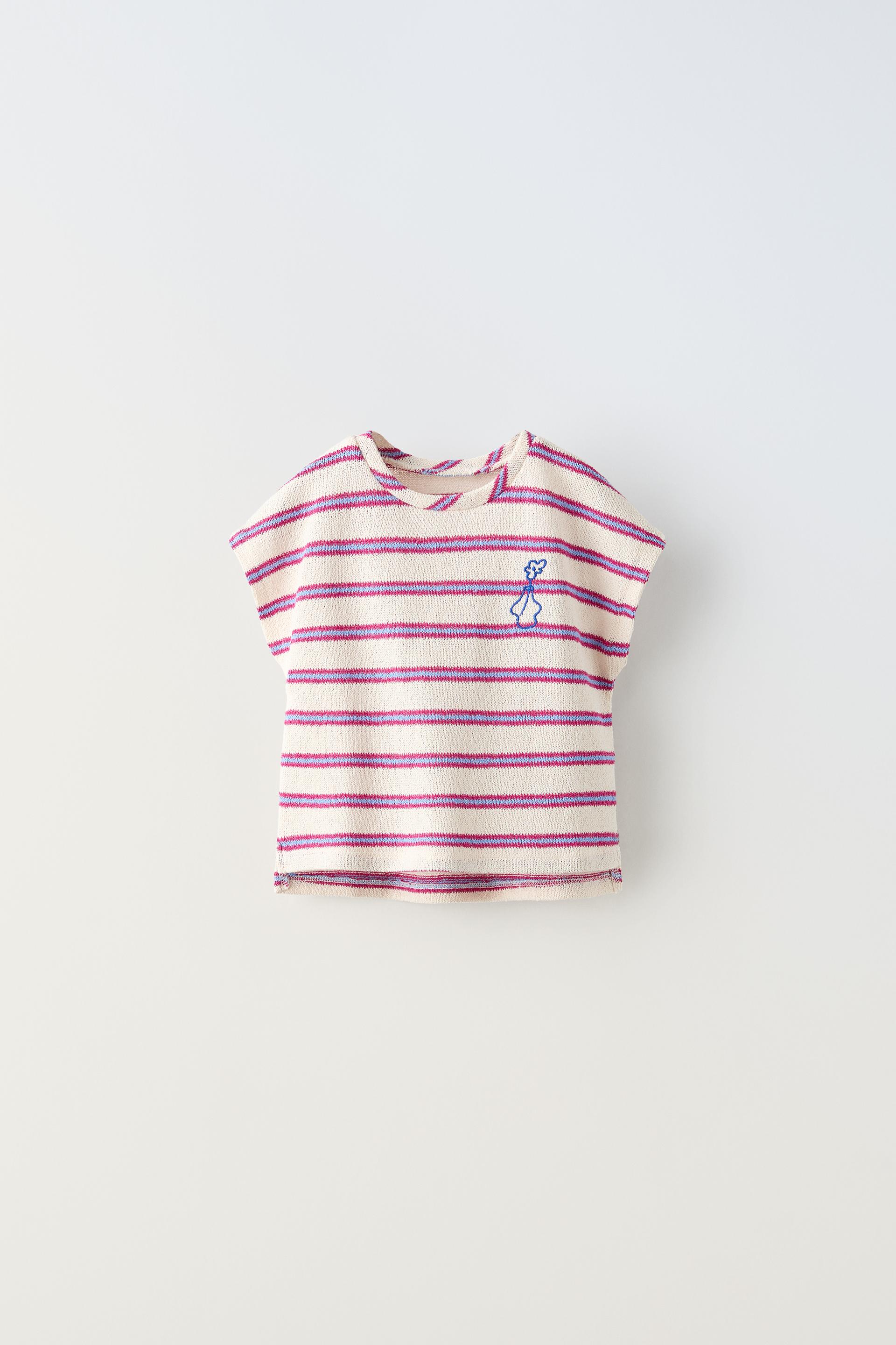 STRIPED EMBROIDERED KNIT T-SHIRT - Light beige | ZARA United Kingdom