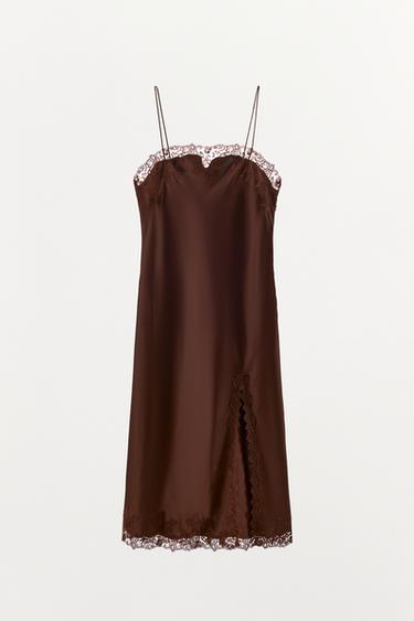 VESTIDO MIDI SATINADO ENCAJE - Marrón de Zara - Imagen 0