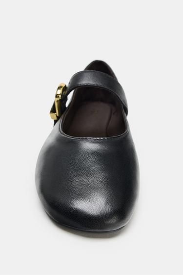 LEATHER BALLET FLATS WITH BUCKLE - Black by Zara - Image 4