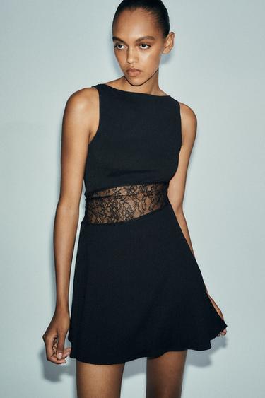 VESTITO CORTO COMBINATO IN PIZZO - Nero di Zara