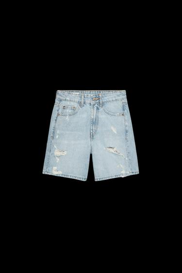 Zara MID-RISE RIPPED TRF DENIM SHORTS - Blue - Image 0