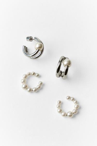 Zara PACK OF HOOP AND EARCUFF EARRINGS WITH PEARLS - Silver