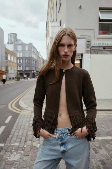 Zara FRINGED BUTTON KNIT CARDIGAN - Brown - Image 0