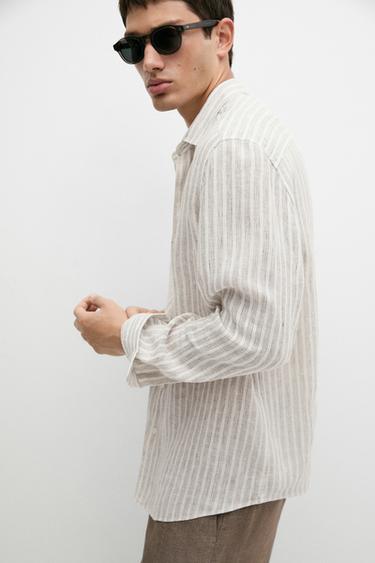 Camisa raya regular fit 100% lino - Marrón de Zara