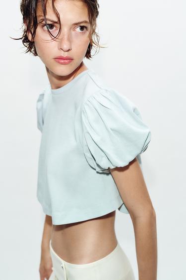 T-SHIRT COURT À MANCHES AMPLES - Bleu clair de Zara - Image 2