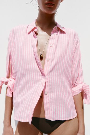 STRIPED LINEN-BLEND SHIRT WITH TIES - Pink / White by Zara - Image 1