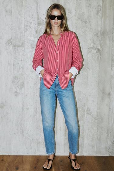 Zara STRIPED SHIRT WITH CONTRAST CUFFS - Red / White