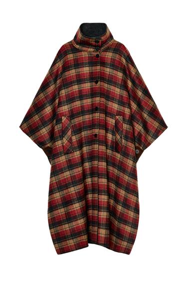 ZW COLLECTION LIMITED EDITION WOOL BLEND CHECK CAPE - bordeaux/ecru by Zara