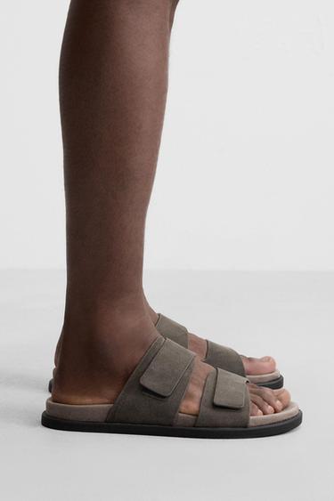 DOUBLE STRAP LEATHER SANDALS - Taupe Grey by Zara - Image 0