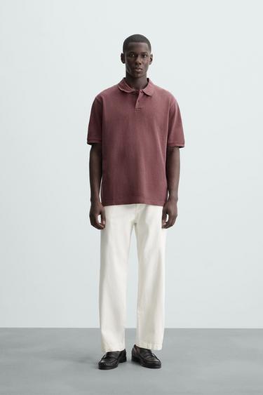 Zara WASHED TEXTURED PIQUÉ POLO SHIRT - Light maroon - Image 0