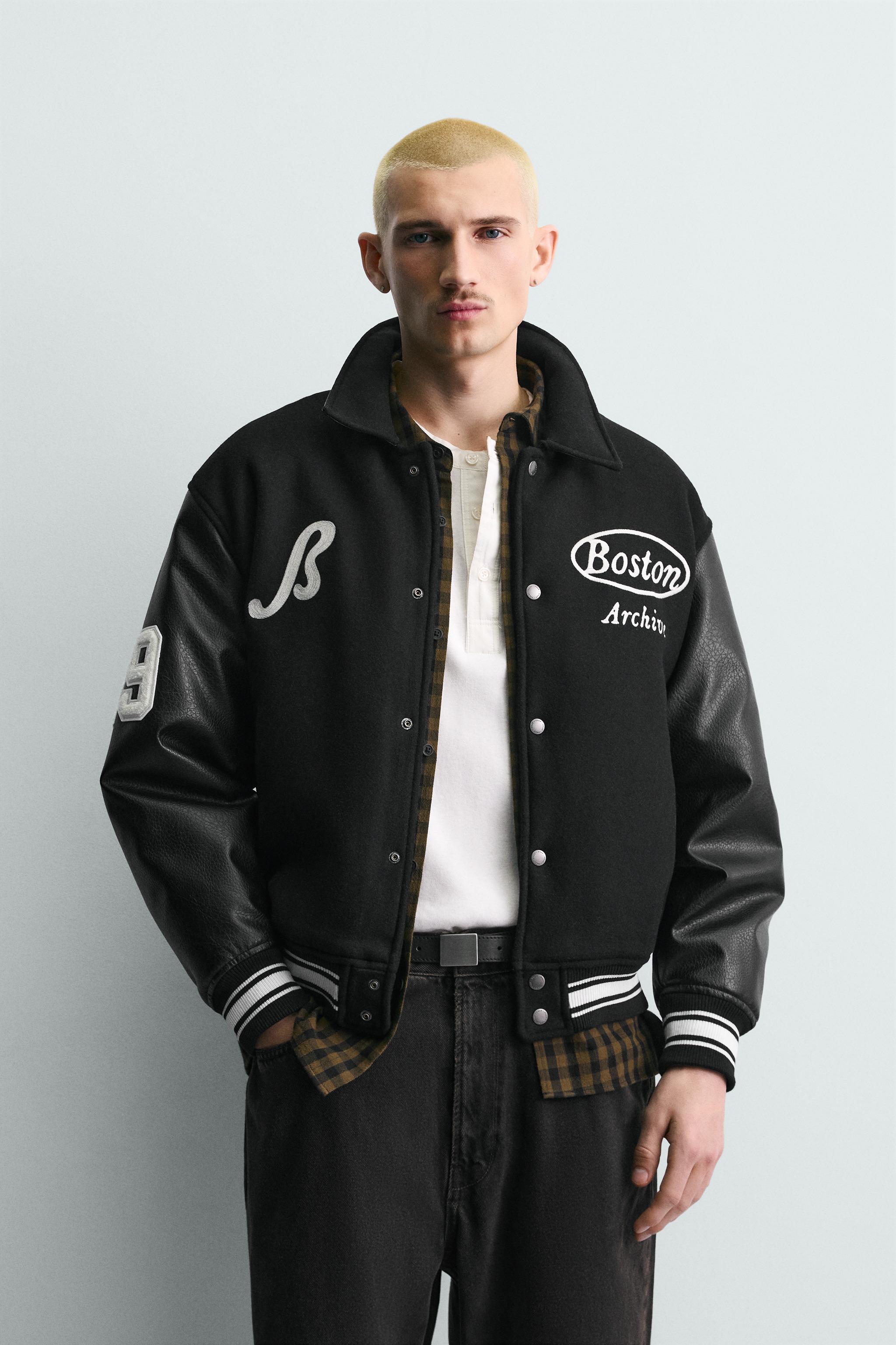 T*様 SWAGGER ボア襟付きブラックジャケット 短丈 セール】ボア×ポリツイル切替中綿ブルゾン メンズ ボアジャケット 秋服