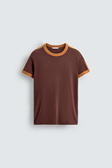 Zara CONTRAST STRIPE T-SHIRT - Wine - Image 0