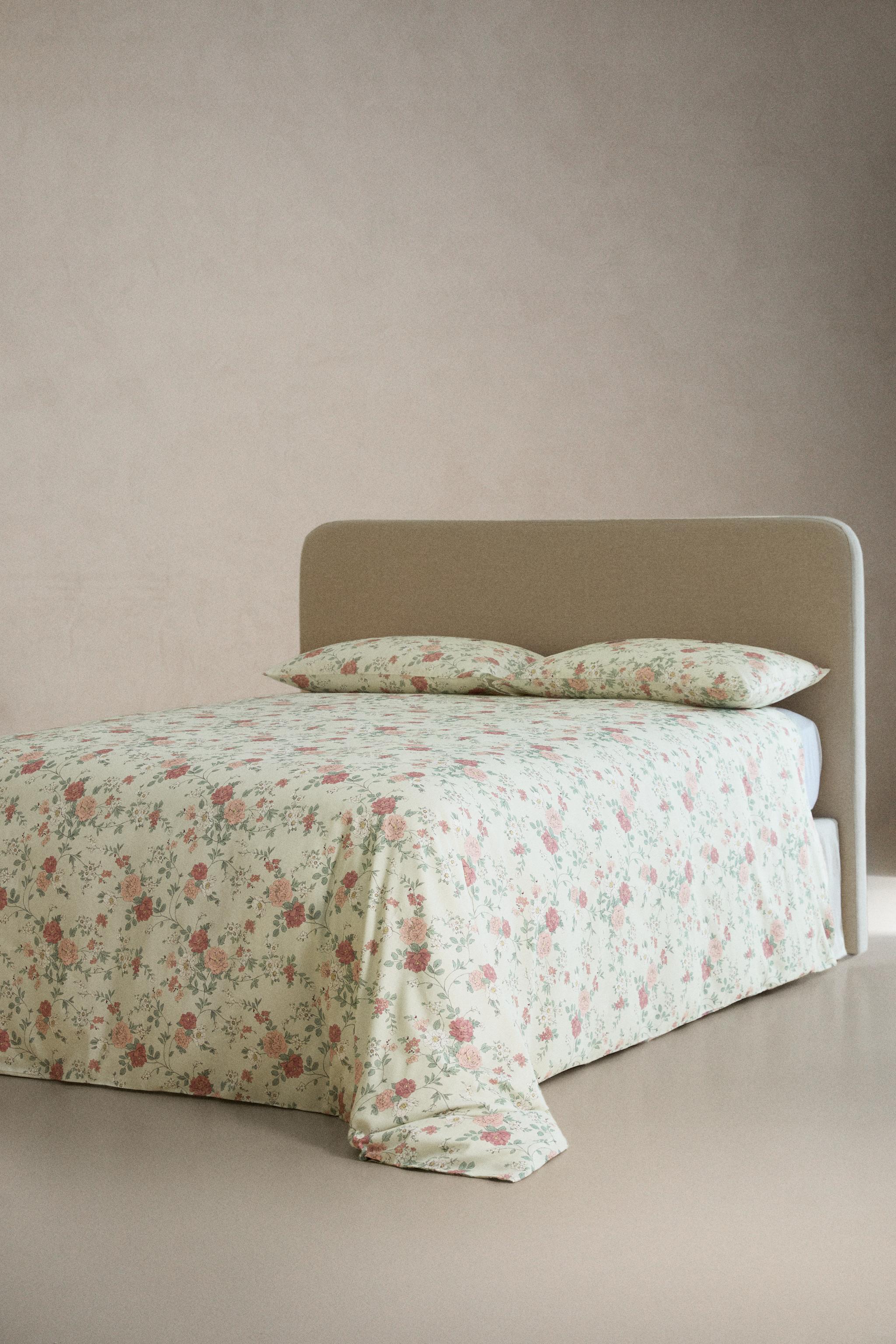 PEONY PRINT SATEEN DUVET COVER — Light green