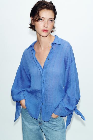 CHEMISE RAYURES ET LACETS - Bleu de Zara