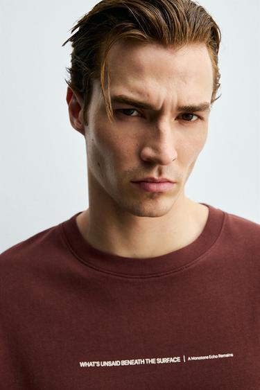 FLOCKED PRINT RELAXED FIT T-SHIRT - Burgundy by Zara - Image 4