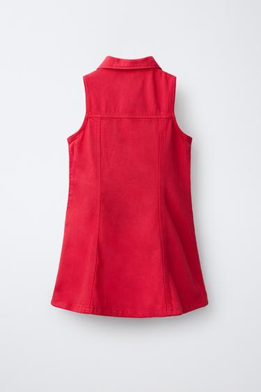 BUTTON-FRONT DENIM DRESS — Red 2