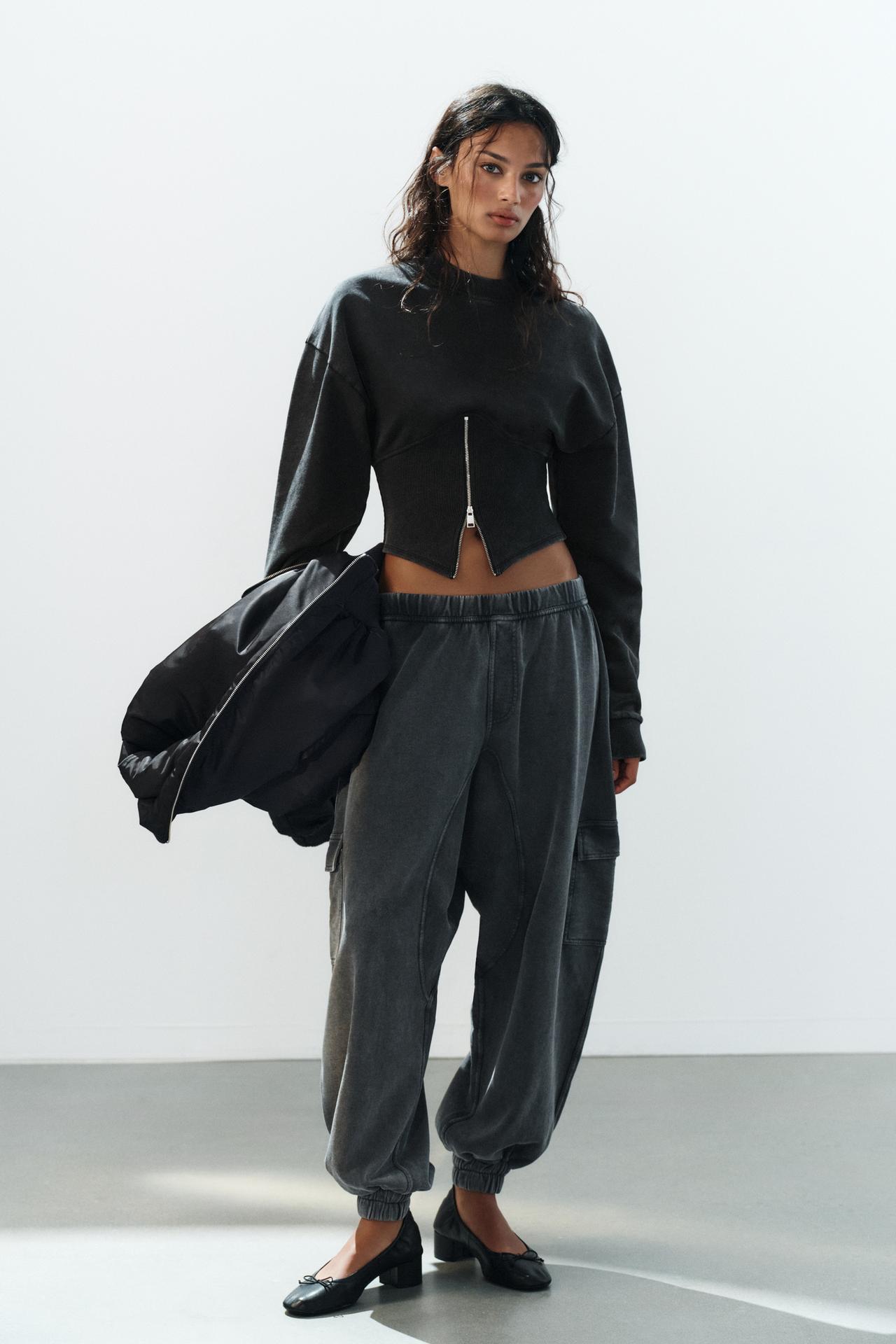 WASHED EFFECT CORSET ZIPPER SWEATSHIRT — Dark gray