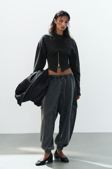WASHED EFFECT CORSET ZIPPER SWEATSHIRT — Dark gray 2