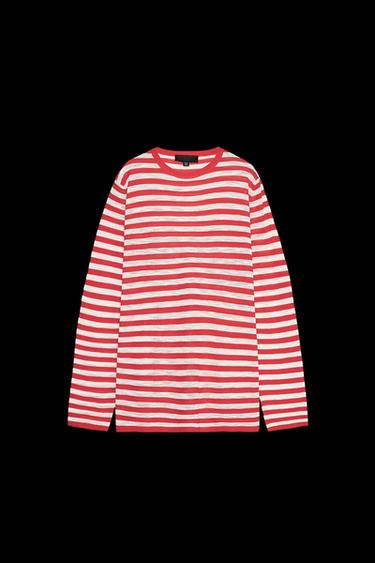 Zara STRIPED FINE KNIT SWEATER - White / Red - Image 0