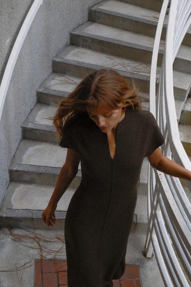 Zara KNIT MIDI DRESS - Brown