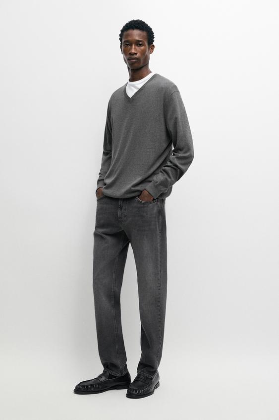 Zara Cotton blend V-neck knit sweater - Mid-gray - Image 0