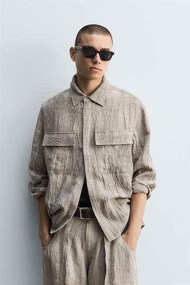 CAMISA 100% LINO EFECTO ARRUGADO - Khaki oscuro de Zara