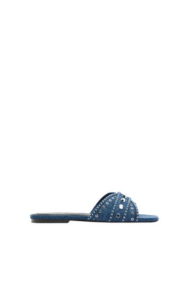 STUDDED FLAT DENIM SANDALS
