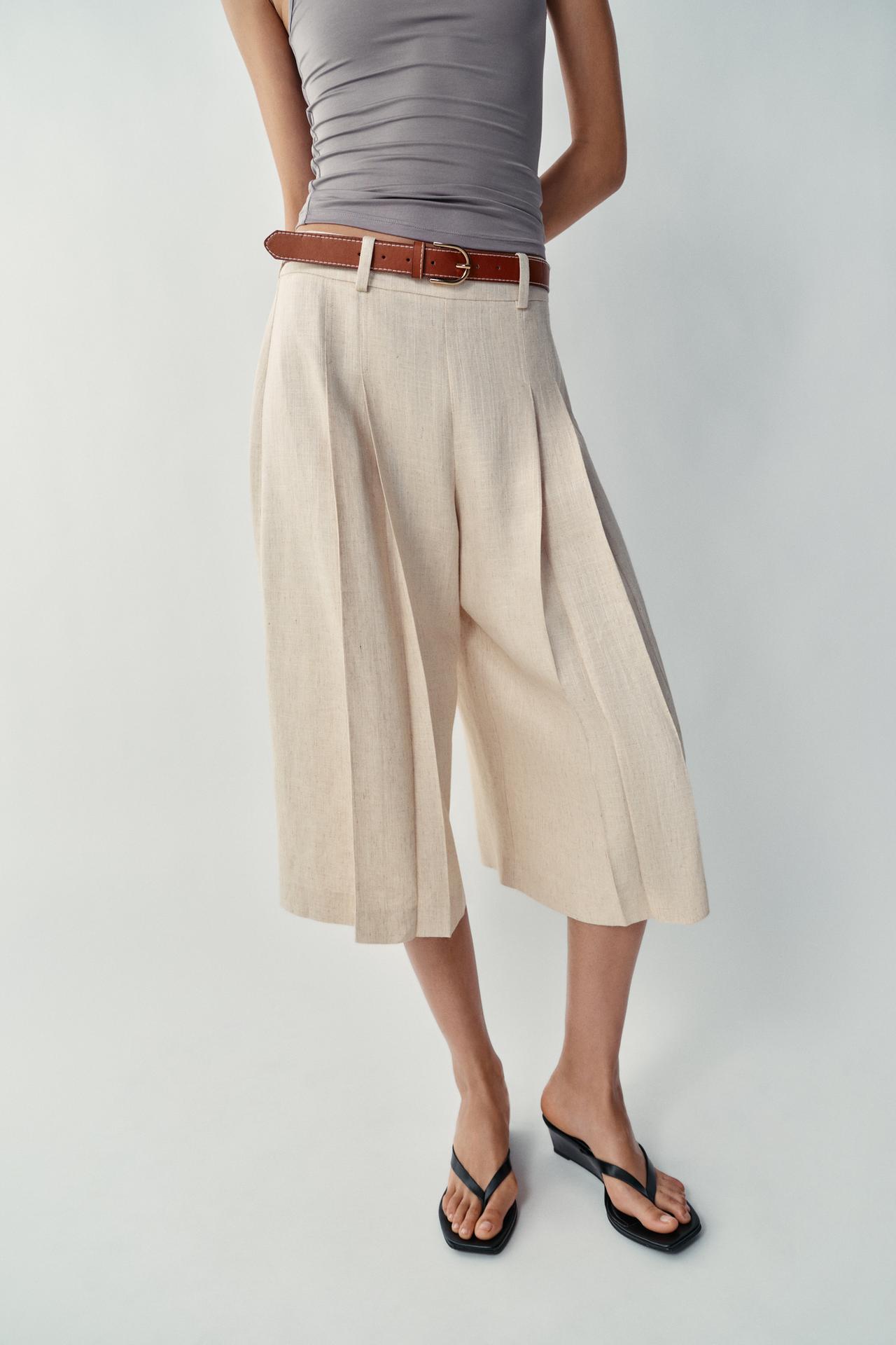 LONG BELTED SHORTS — Light beige