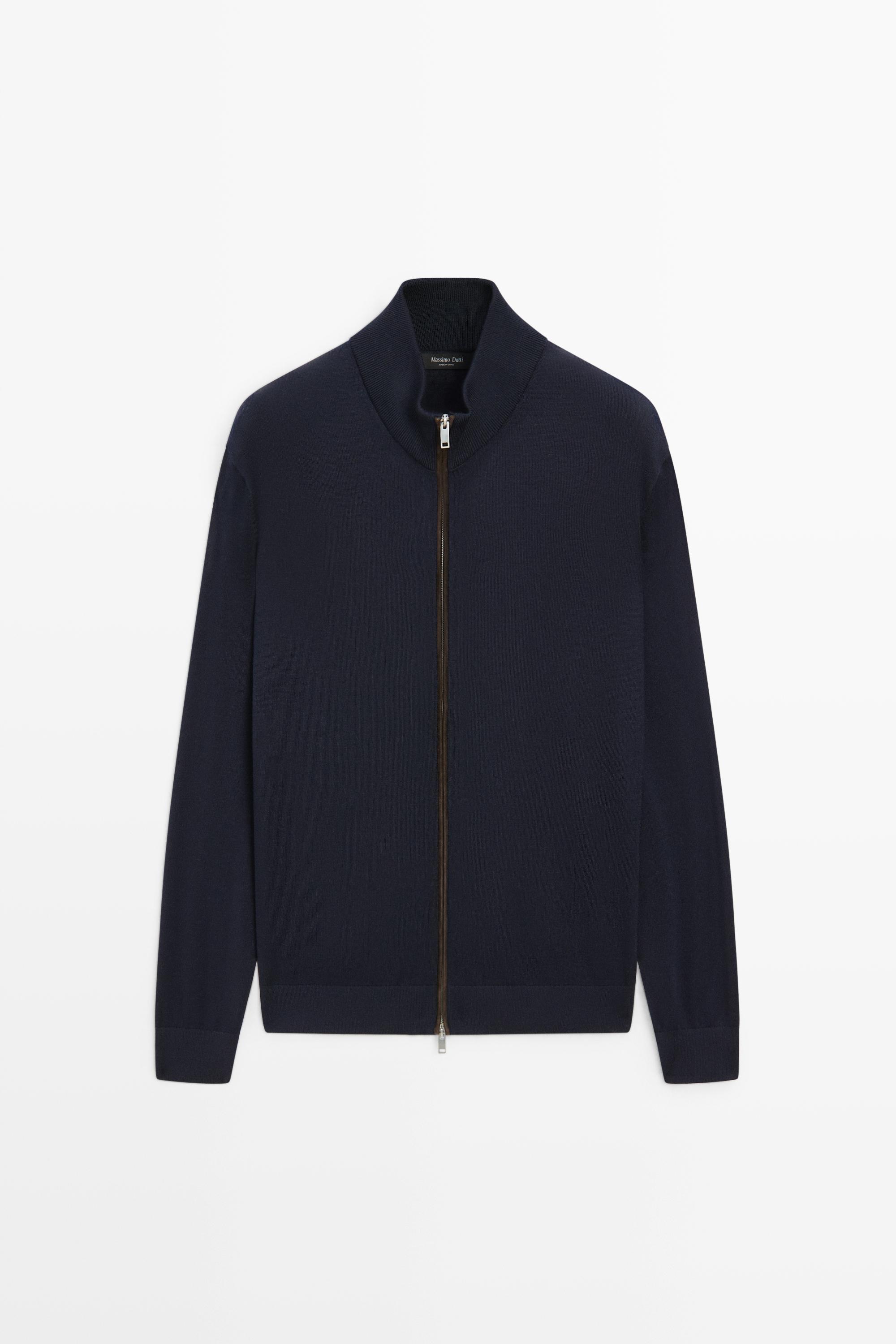 Merino wool blend zip-up knit cardigan