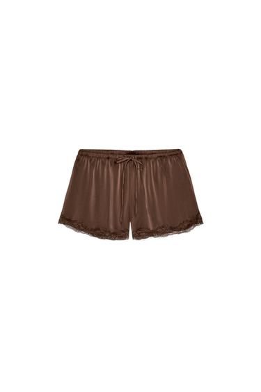 SATIN MINI SHORTS WITH LACE TRIM - Dark brown by Zara