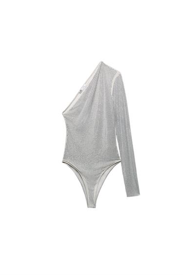 RHINESTONE TULLE ASYMMETRIC BODYSUIT