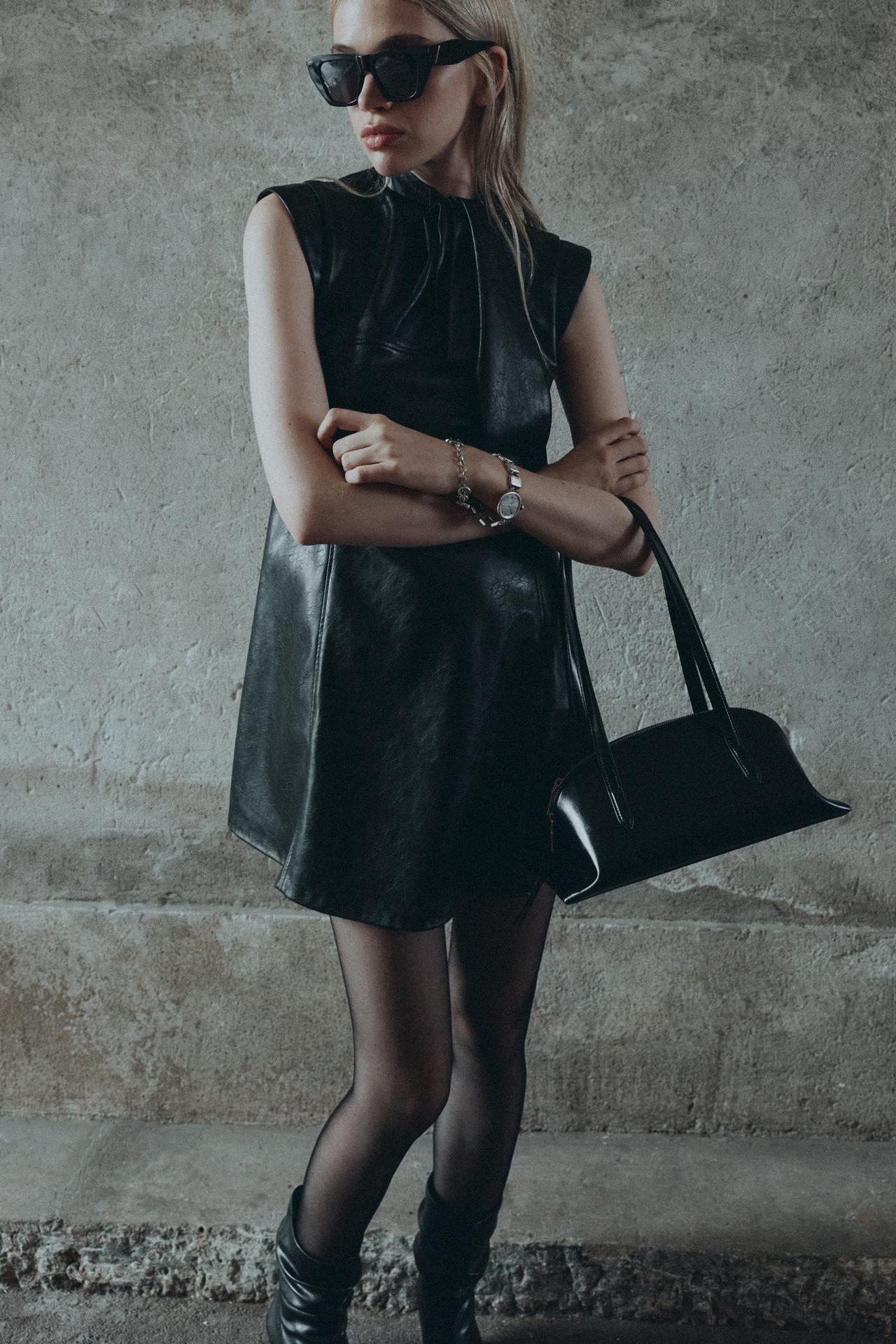 FAUX LEATHER MINI DRESS — Black