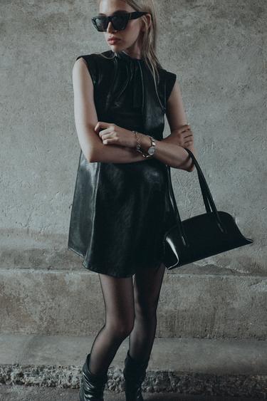 FAUX LEATHER MINI DRESS — Black 1