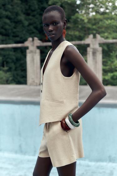 HIGH-WAIST LINEN BLEND BERMUDA SHORTS - Light beige by Zara - Image 3