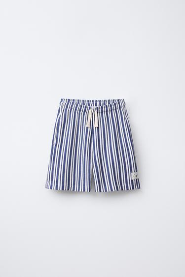 Zaras RANDIGA FROTTÉSHORTS - Naturfärg/marinblå