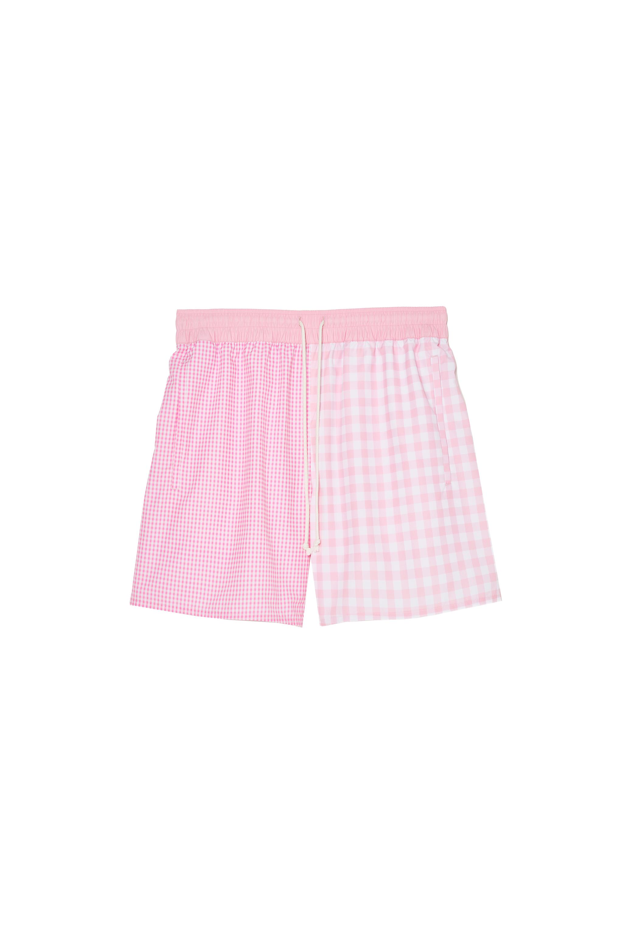 COMBINED PLAID MID-LENGTH SWIMSUIT — Pink / White