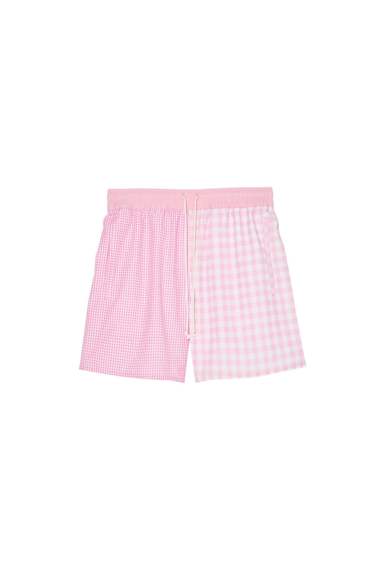 COMBINATION PLAID MID-LENGTH SWIMMING TRUNKS — Pink / White