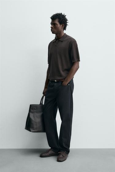 REGULAR FIT TEXTURED KNIT POLO SHIRT - Brown by Zara - Image 3