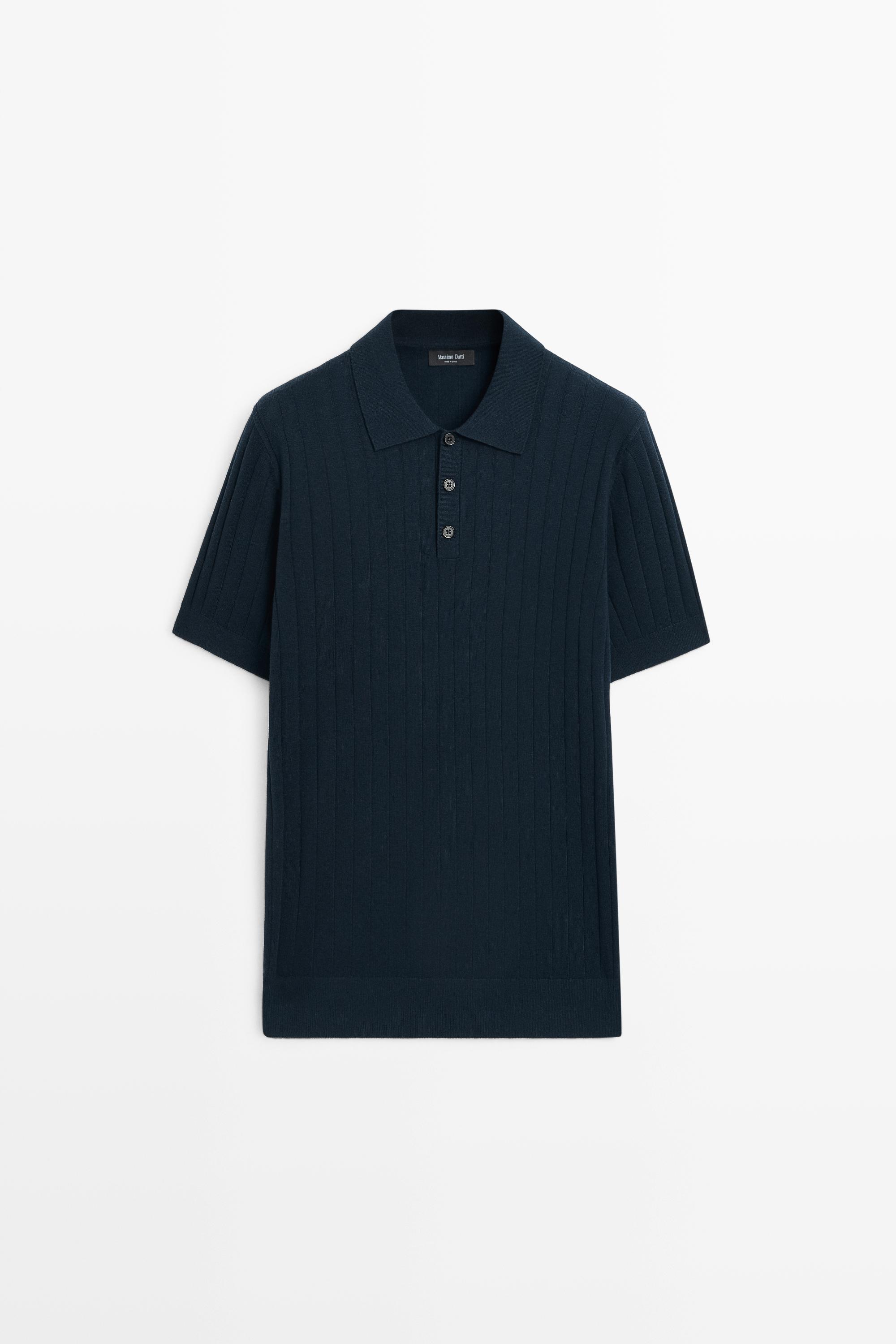 Ribbed knit cotton blend polo shirt — Navy blue