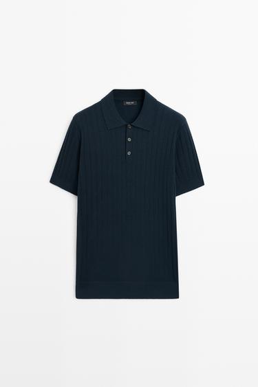Zara Ribbed knit cotton blend polo shirt - Navy blue