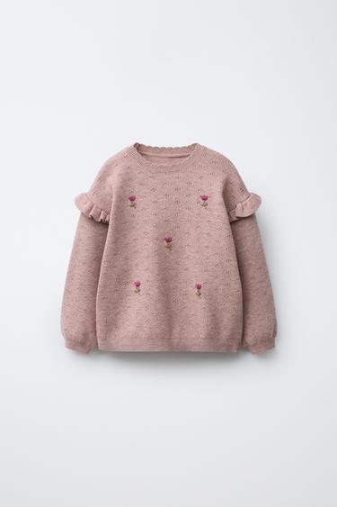 EMBROIDERED FLORAL KNIT SWEATER - Pink marl by Zara