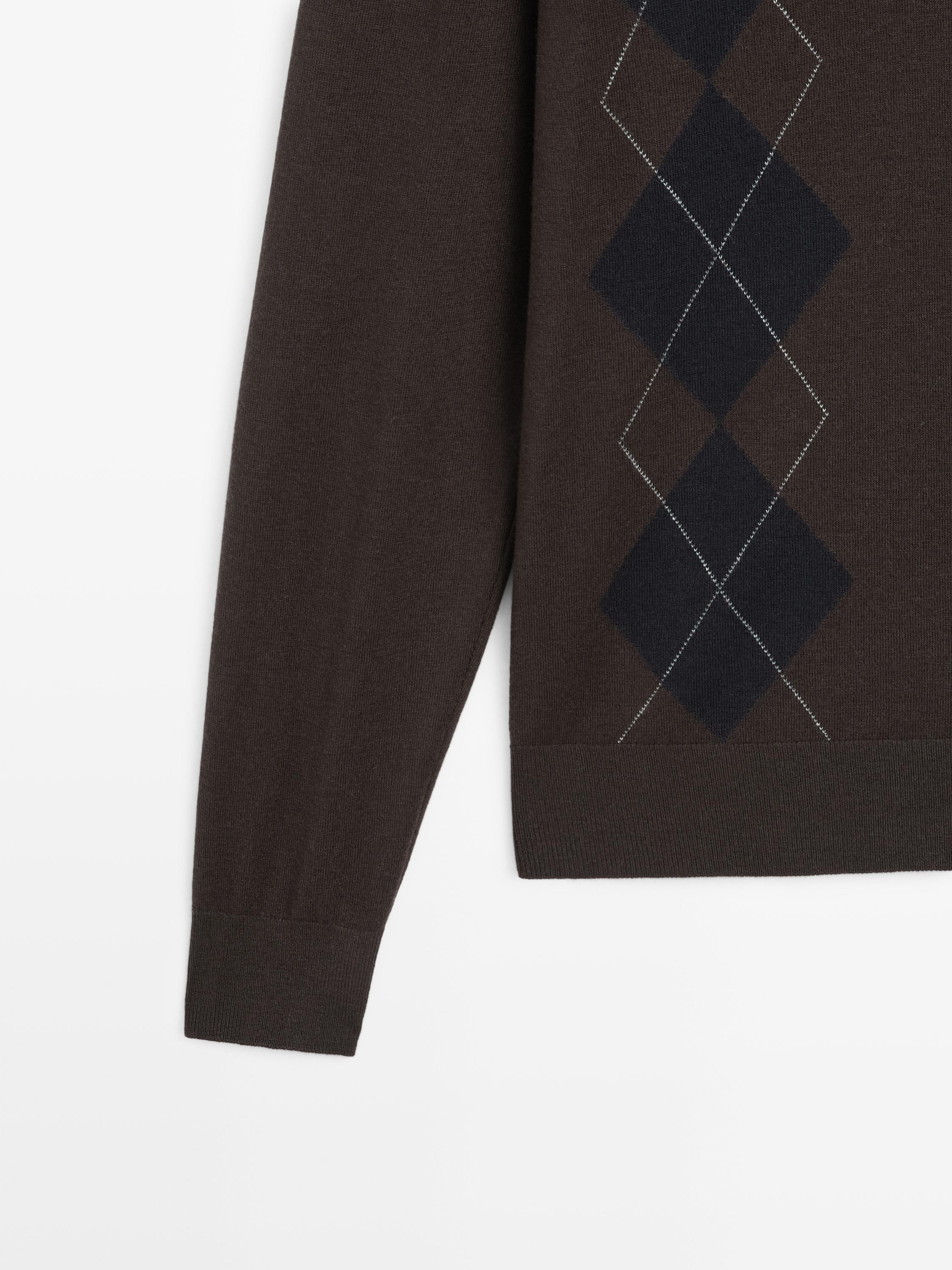 Wool blend argyle knit polo sweater